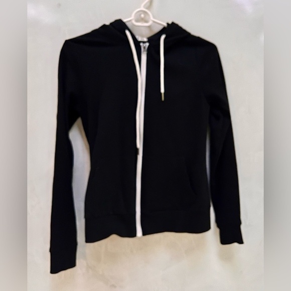 H2H Size Small Black Zipper Sweatshirt with Hood White Drawstring Tie Autumn - Picture 7 of 10